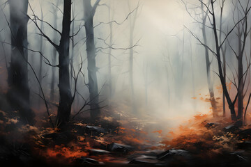 Misty Woods Whispers, abstract landscape art, drawing, generative ai