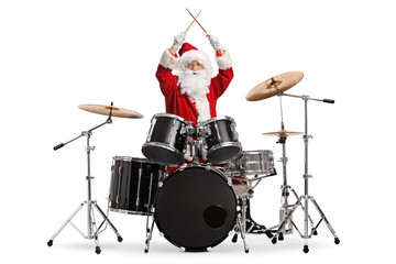 Happy santa claus playing the drums - obrazy, fototapety, plakaty