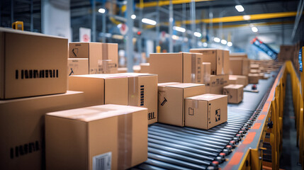 An Engaging Image of Cardboard Box Packages Seamlessly Moving Along a Conveyor Belt in a Busy Warehouse Fulfillment Center, Highlighting the Efficiency and Automation That Powers Modern E-commerce