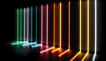 a very long line of neon lights in the dark room with a black background and a black background with a white border