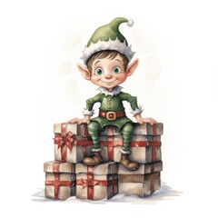 Watercolor Santa's Elf in pointy hat and green attire sitting on gift box, isolated element on white background