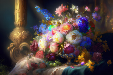 Magnificent fantasy stylized beautiful still life with bouquet of different flowers. Generative AI