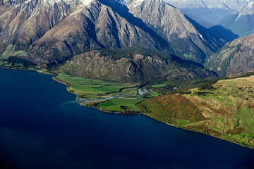 Mouth of the Kawarau River into Lake Wakatipu, New Zealand, Ser Island, Otago. You can see the...