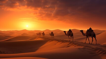caravan of camels cross the sahara desert between the sand and dunes at sunset