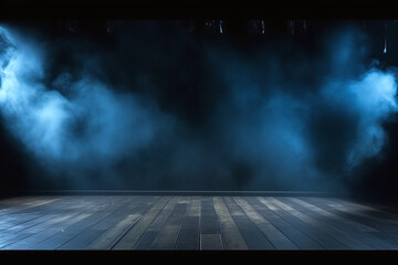 Illuminated stage with scenic blue lights and smoke