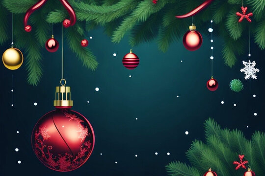 Christmas background with fir tree branches and red baubles. Vector illustration.