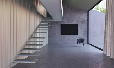 3D visualization of a part of a smart home in a minimalist style in cool colors .