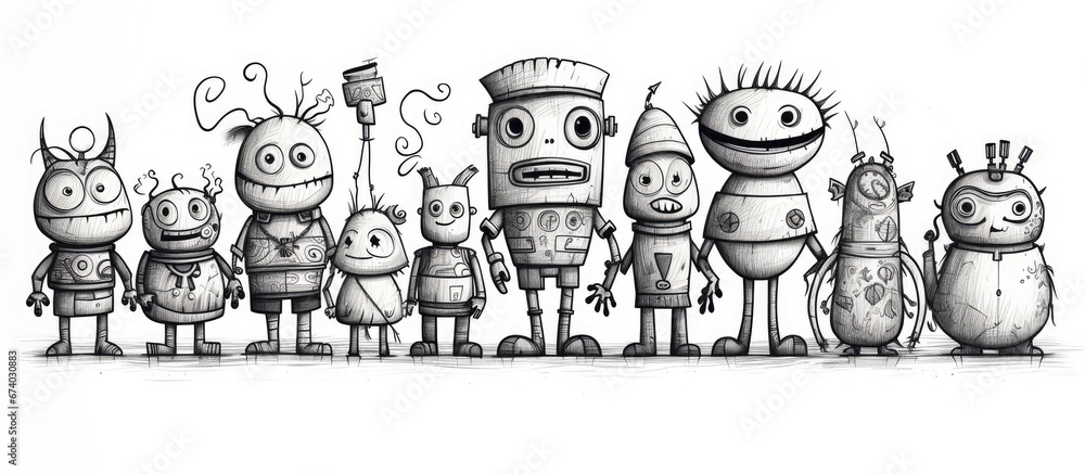 Poster a collection that combines robots and monsters featuring cartoon characters in illustrations made wi