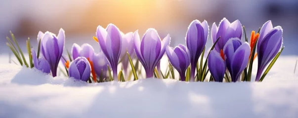 Poster purple spring crocus flowers in the snow, sunlit © Zanni