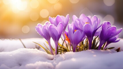 purple spring crocus flowers in the snow, sunlit