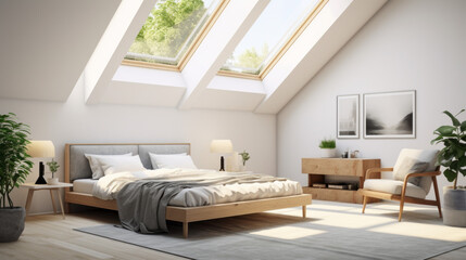 an airy bedroom with white walls and a grey carpet and a large skylight overhead