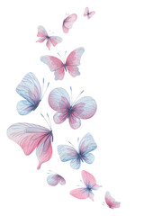Butterflies are pink, blue, lilac, flying, delicate with wings and splashes of paint. Hand drawn watercolor illustration. Motion composition on a white background, for design.
