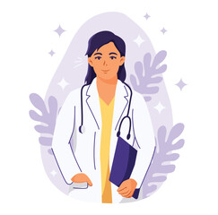 Woman doctor in white medical uniform. Practitioner young doctor woman. Consultation and diagnosis. Modern clinic. Online medical. Flat Vector Illustration