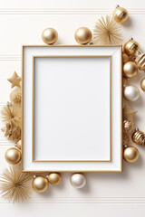 Fototapeta na wymiar gold frame with golden christmas ornaments