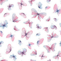 Butterflies are pink, blue, lilac, flying, delicate with wings and splashes of paint. Hand drawn watercolor illustration. Seamless pattern on a white background, for design.