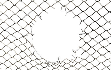 The texture of the metal mesh on a white background. Torn steel, metal mesh with holes