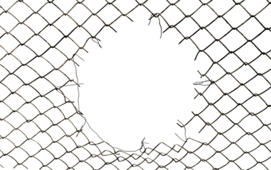 The texture of the metal mesh on a white background. Torn steel, metal mesh with holes