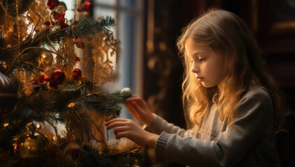 niña rubia decorando árbol de navidad en salón de vivienda con ventana de fondo - obrazy, fototapety, plakaty