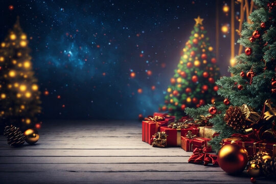 Christmas tree and gifts on a wooden background. New Year and Christmas.
