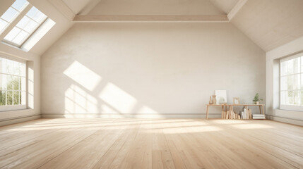 an airy room with a light wooden floor and white walls and a large skylight in the ceiling