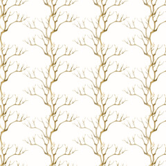 Watercolor hand drawn bare branch seamless pattern. Boho style floral background for packing, texture, textile design. Isolated on white background, rustic illustration collection