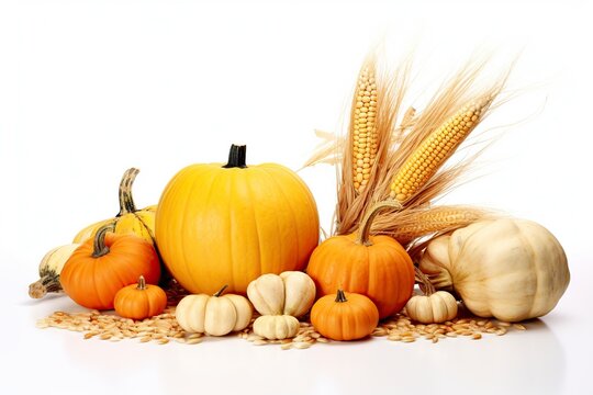 delicious pumpkin, apples, nut and corn cobs on light background