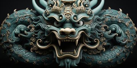 Green Chinese dragon in the style of sculptural reliefs style. Chinese symbol 2024 New Year banner.