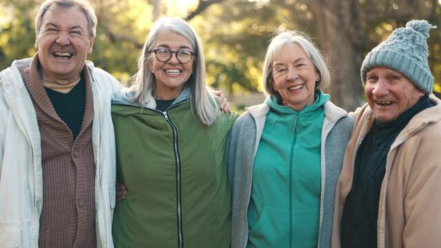 Portrait of senior friends in park together with sunshine, trees and happiness on morning walk. Smile, nature and old people, men and women in garden to relax with summer fun, bonding and adventure.