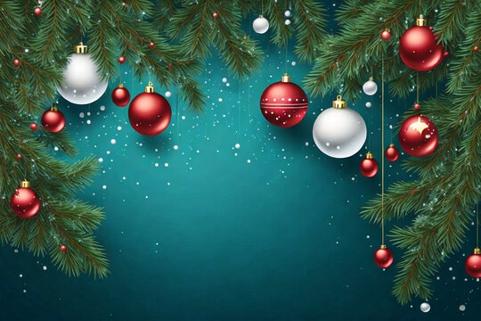 Christmas background with fir tree branches and red balls. Vector illustration.