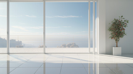 an airy room with a white tile floor and white walls and a large glass door leading to a balcony