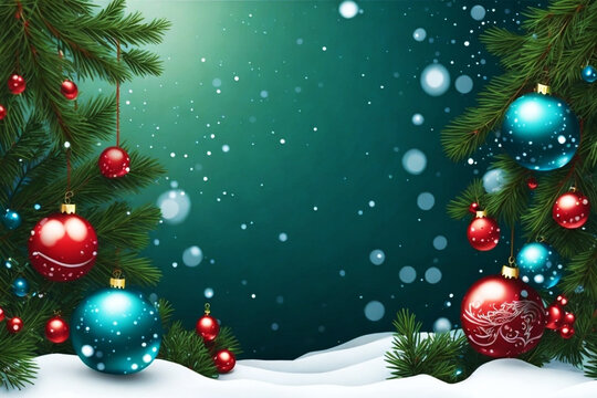 Christmas background with fir branches and red and blue balls on a green background