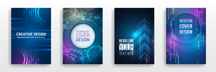 Brochure, flyer, book, annual report. Blue hi-tech vector illustrations for business presentations. Futuristic business posters. Technology covers corporate documents. Layout template science designs. - obrazy, fototapety, plakaty