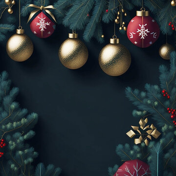 Christmas and New Year background with baubles and fir branches.