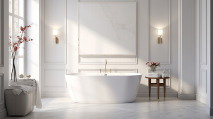 Fototapeta na wymiar an all-white bathroom with a freestanding tub and a standing shower and a vanity with a marble countertop 