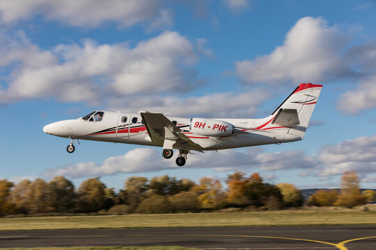 DLOUHA LHOTA, CZECH REPUBLIC - 11 Nov 2023. Cessna 550 Citation II. A Cessna Citation takes off at the airport in Dlouha Lhota. The Cessna Citation II are light corporate jets.