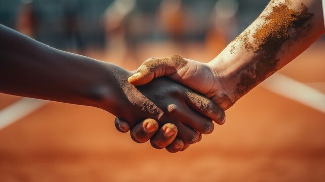 Two players shake hands showing sportsmanship during the game.