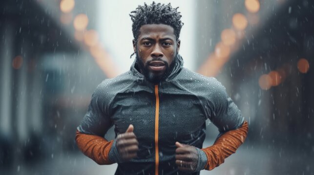 Runner perseveres in misty rain.