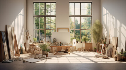 an art studio with high ceilings and white walls and a large window looking out onto a garden