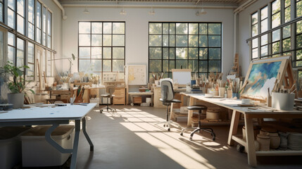 an art studio with white walls and bright natural light and a wooden desk with a variety of art...