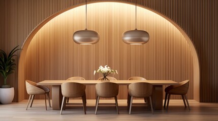 Minimalist interior design of modern dining room with abstract wood paneling, copy space, 16:9