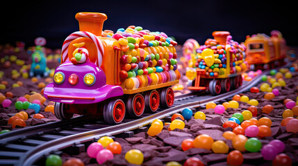Charming candyland train powered by sizzling popping candies on a licorice track Ai Generative - obrazy, fototapety, plakaty