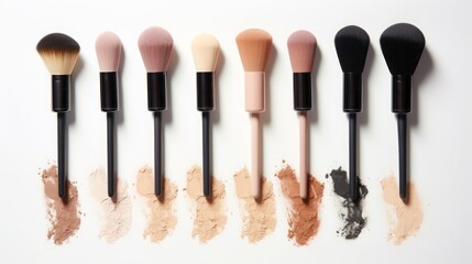 Liquid foundations, makeup brush, swatches and face powder on white background, copy space, 16:9