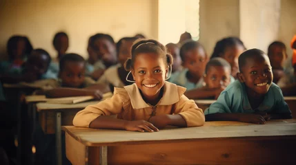 Foto op Canvas dark-skinned African student at a desk in a school class raises his hand, child, smart kid, children, study, learning, classroom, knowledge, lesson, pupil, boy, girl, team, friends, smile, portrait © Julia Zarubina