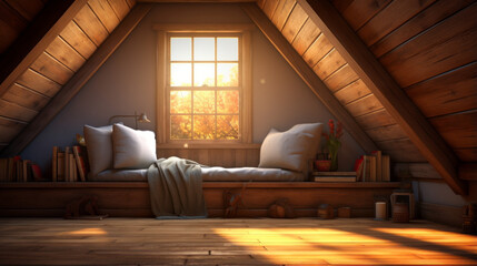An attic getaway boasts a cozy window seat and a polished hardwood floor