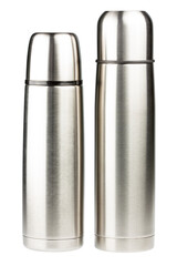 Two stainless steal thermo bottles. Thermos container with twistable mug cup for travel, camping. Png clipart isolated on transparent background
