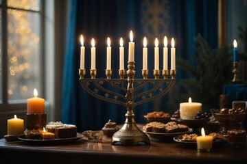 A beautifully arranged image featuring the menorah and the lighting of Hanukkah nine candles, capturing the tradition and symbolism of the holiday Generative Ai