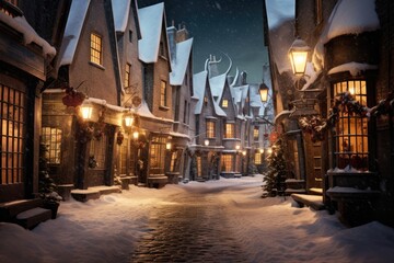 Fototapeta na wymiar A snowy street, adorned with Christmas lights, under a night sky.