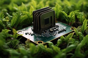 A computer chip nestled in a bed of green leaves.