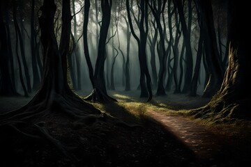 It appears as though there may be paranormal entities present because of the dense shadows and the dark wilderness with twisted trees - obrazy, fototapety, plakaty