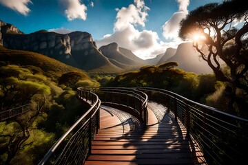 Mountain ranges, a magnificent sky, and a tree canopy walkway - obrazy, fototapety, plakaty
